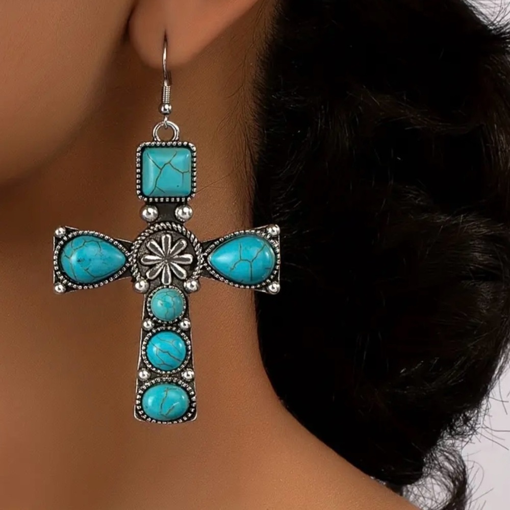 NEW - Turquoise Cross Earrings, Western Jewelry, Faith Turquoise Jewelry - Picture 1 of 3